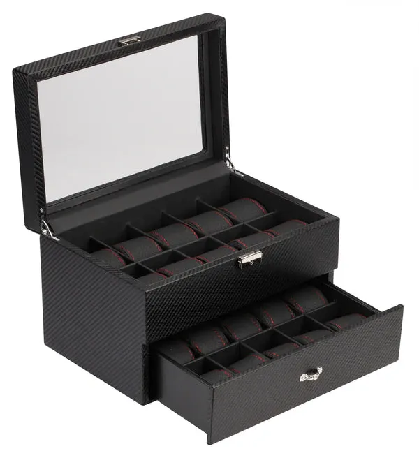 20 Piece Carbon Fiber Watch Box With Red Stitch Trim