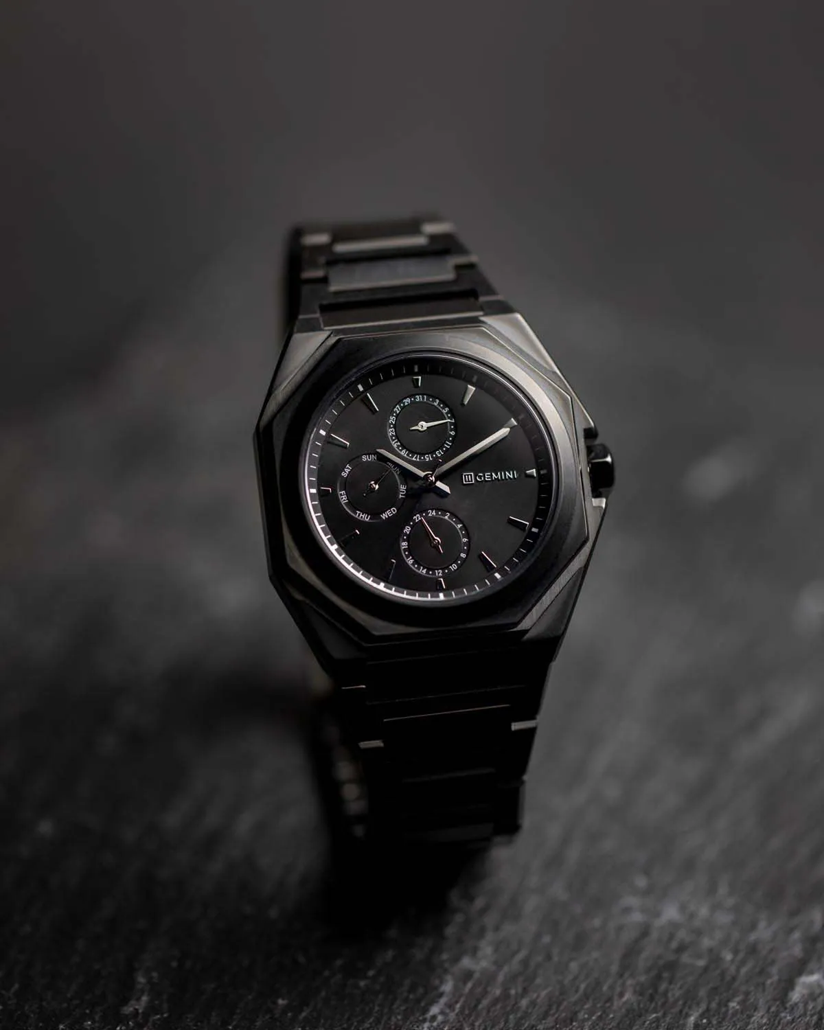 42mm full stainless steel watch with black finish