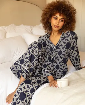 Avery Navy Chain Print Wide Leg Pyjama Set