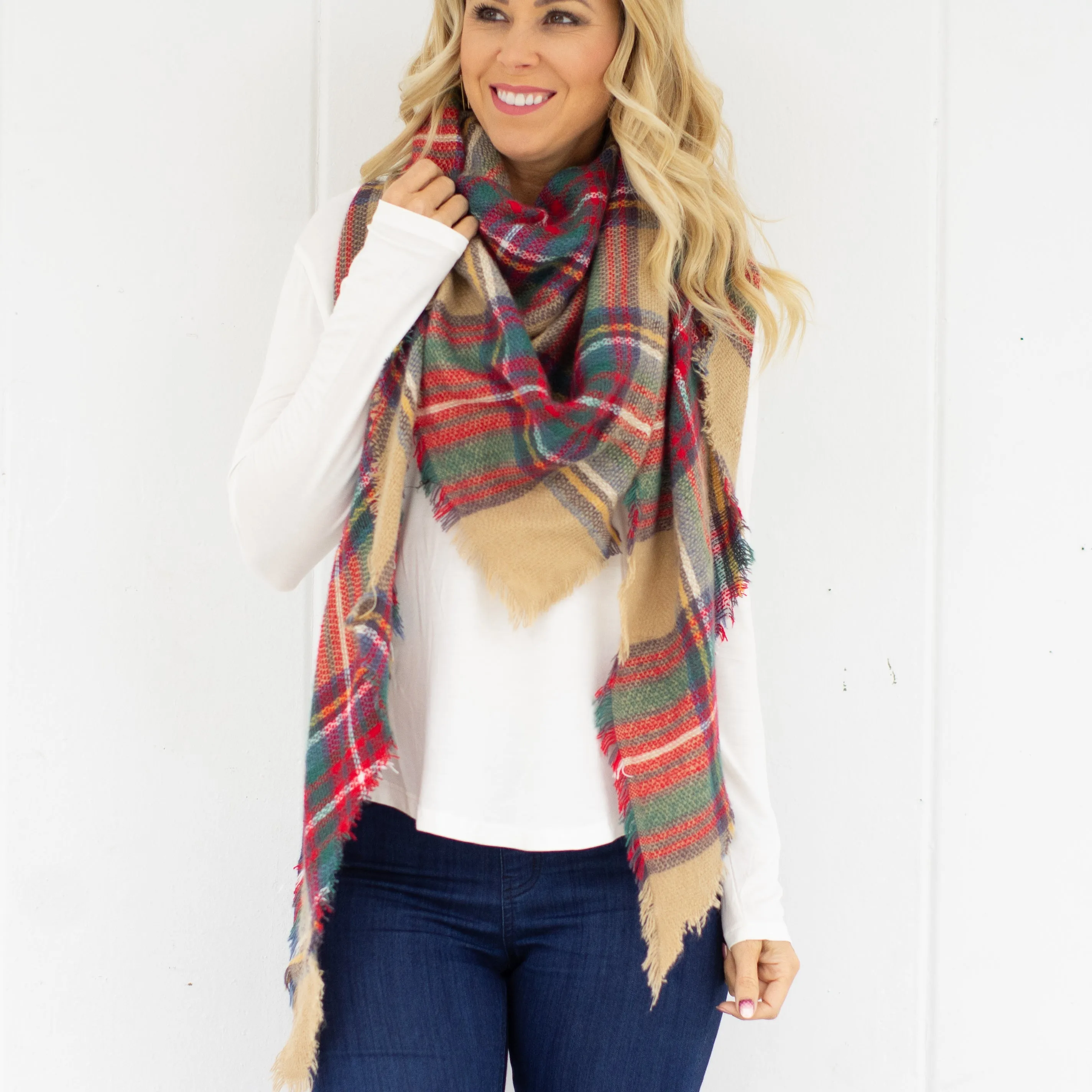 Beige and Red Blanket Scarf