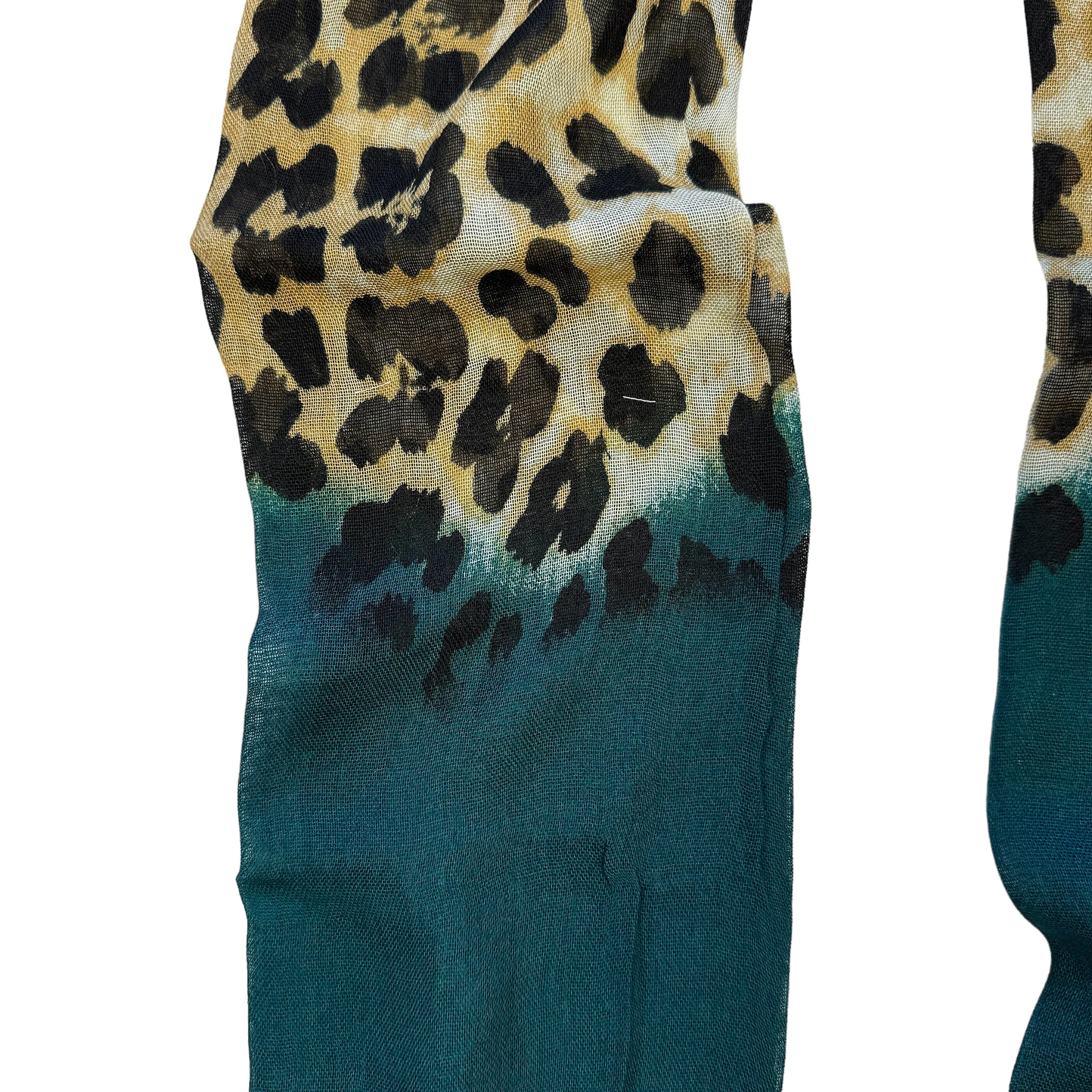 Blue Pacific Animal Print Cashmere Silk Skinny Tube Scarf in Teal Blue and Tan