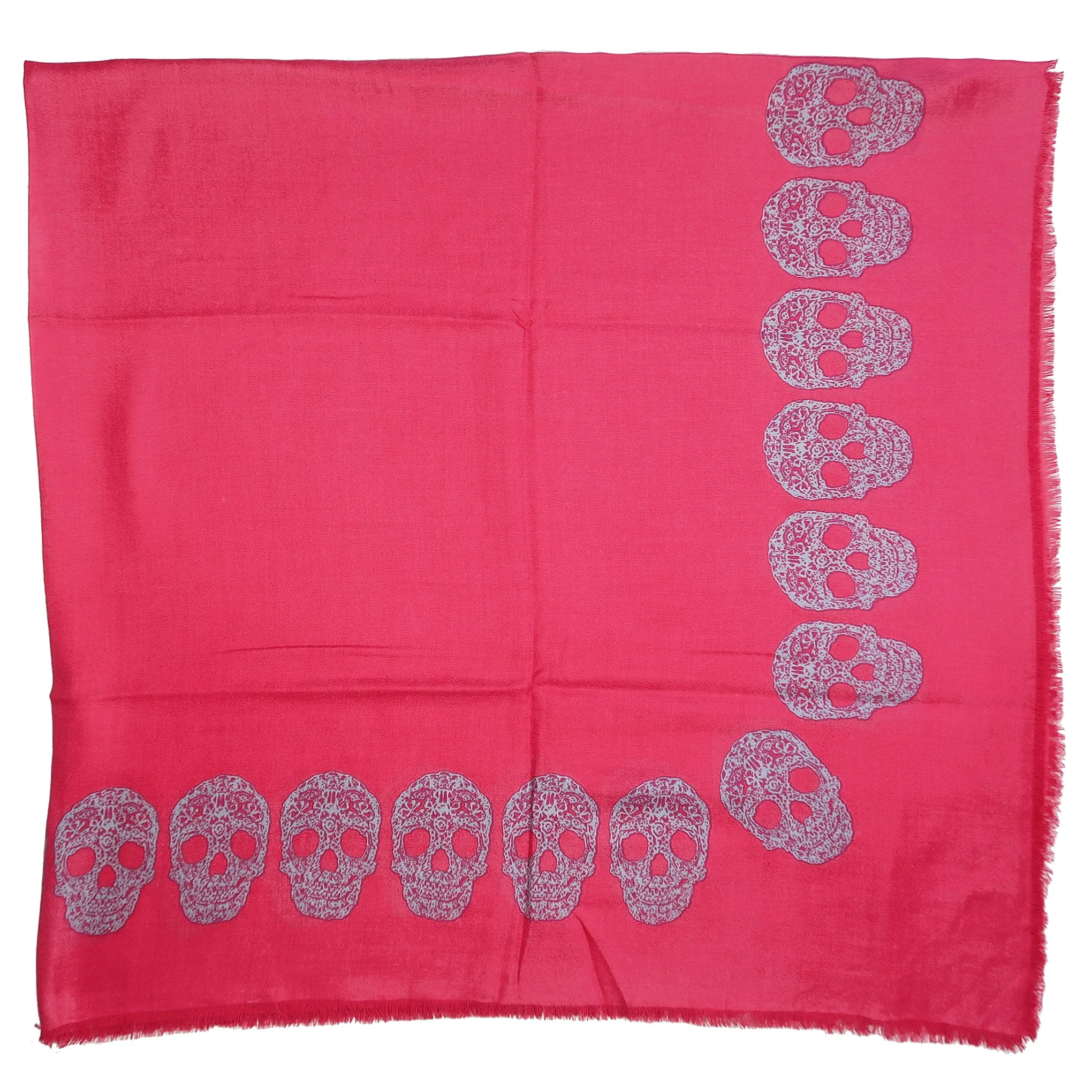 Blue Pacific Frida Skull Bordered Modal and Cashmere Scarf Shawl in Cherry Pink