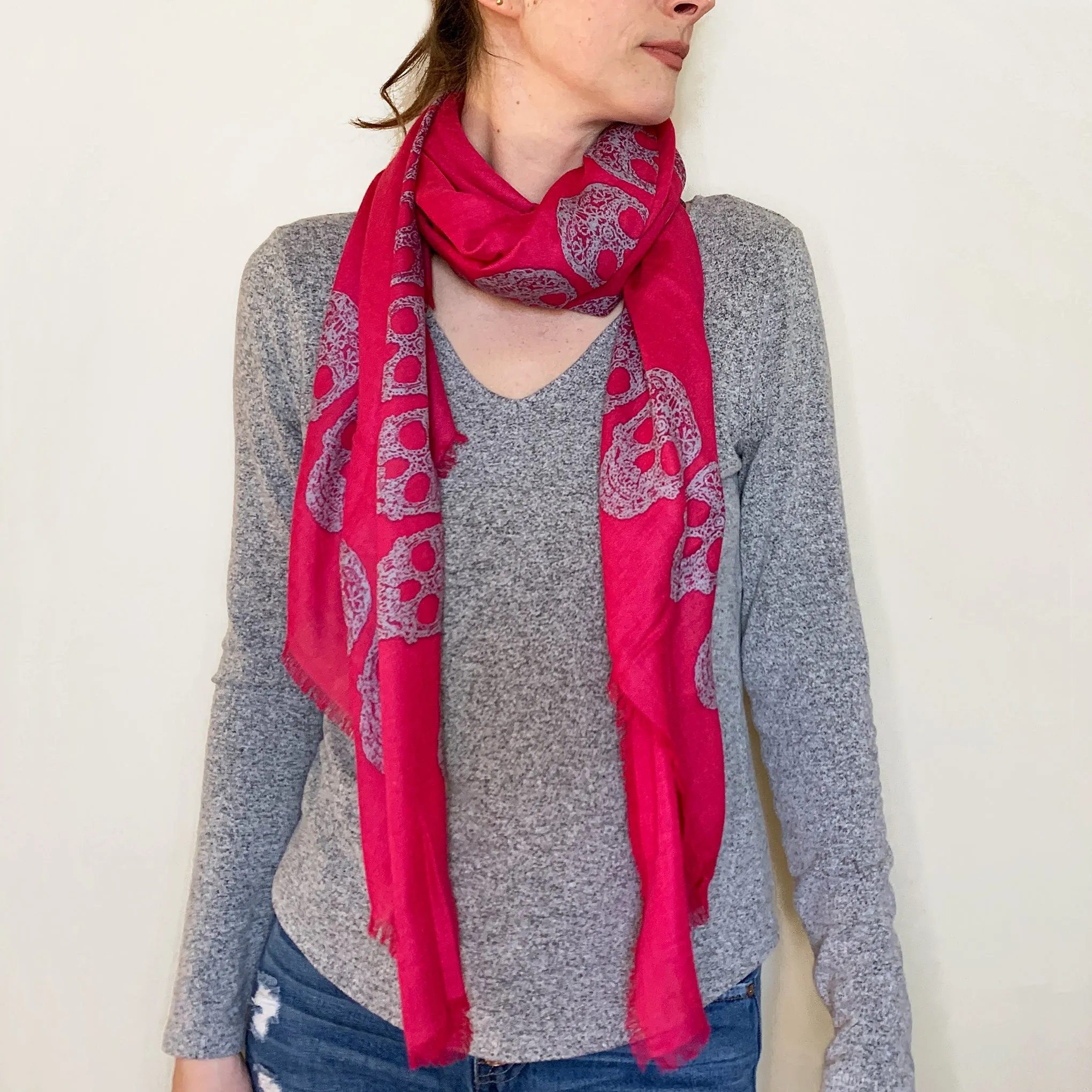 Blue Pacific Frida Skull Bordered Modal and Cashmere Scarf Shawl in Cherry Pink