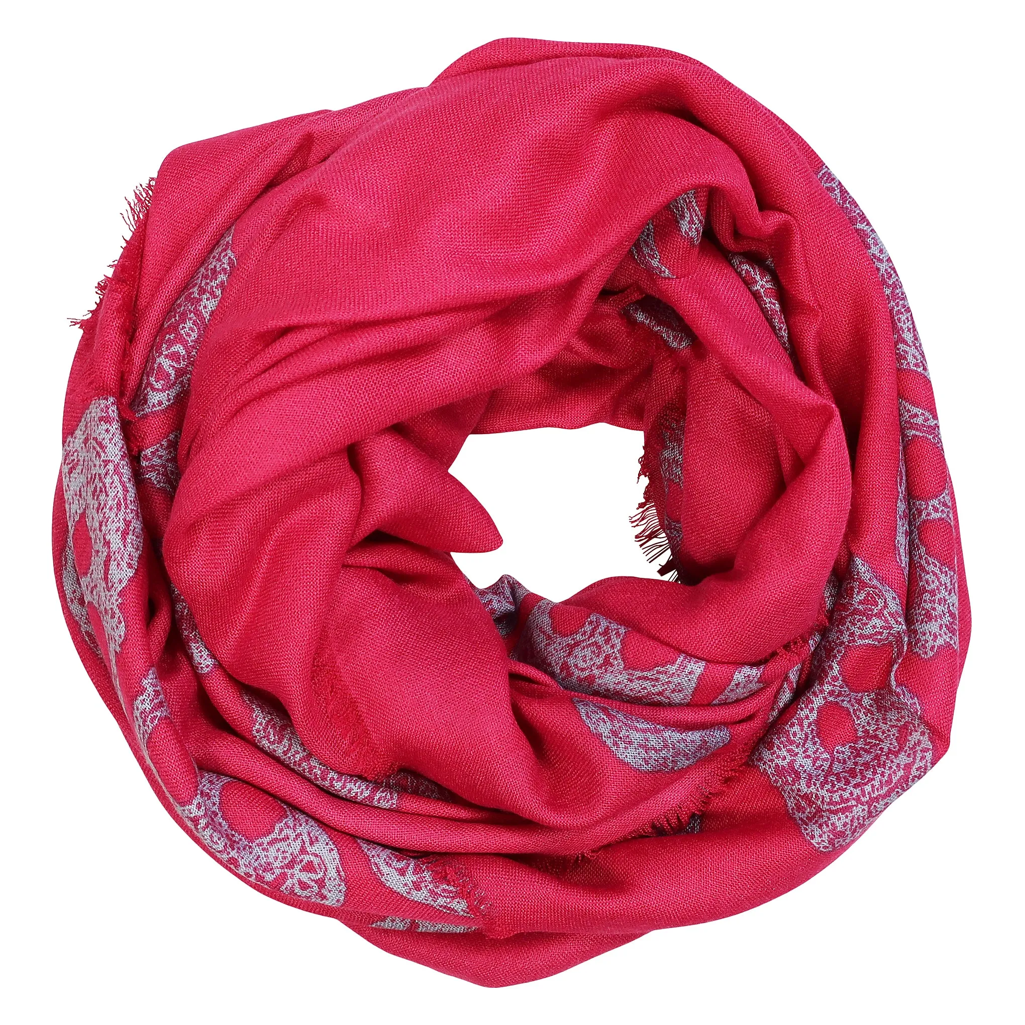 Blue Pacific Frida Skull Bordered Modal and Cashmere Scarf Shawl in Cherry Pink