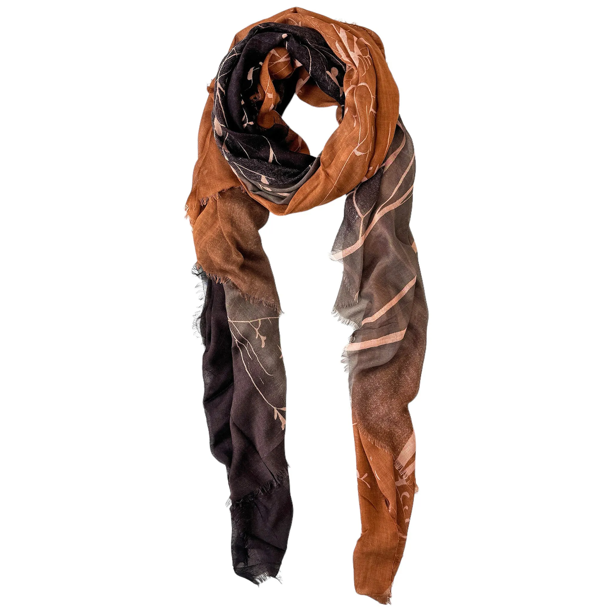 Blue Pacific Tree Print Cashmere and Silk Scarf in Dark Coffee and Black