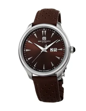 Bruno Magli Mens Luca Stainless Steel Watch - Perforated Band - Dark Brown