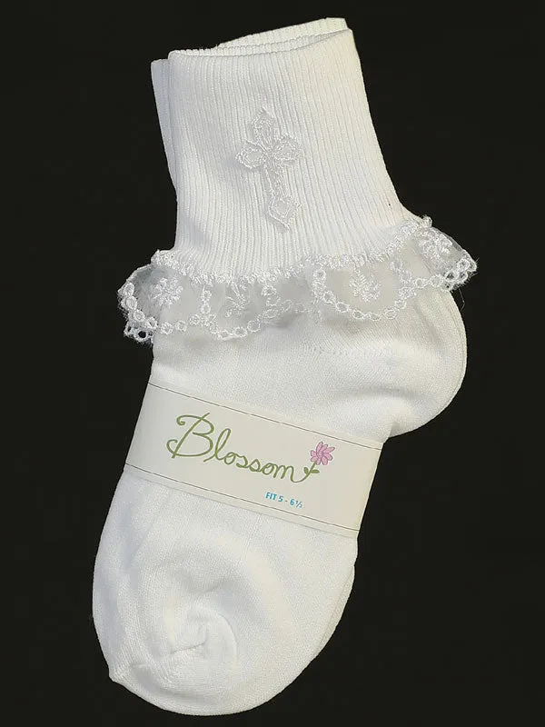 Christening Socks w/ Cross & Lace Trim