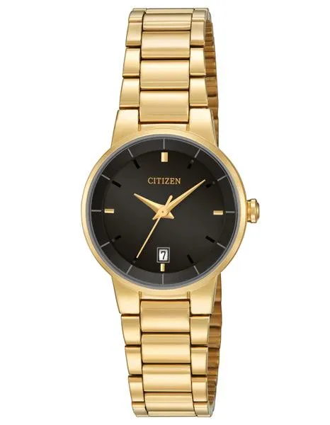 Citizen Quartz Ladies Watch - Black Dial - Gold Tone Case and Bracelet