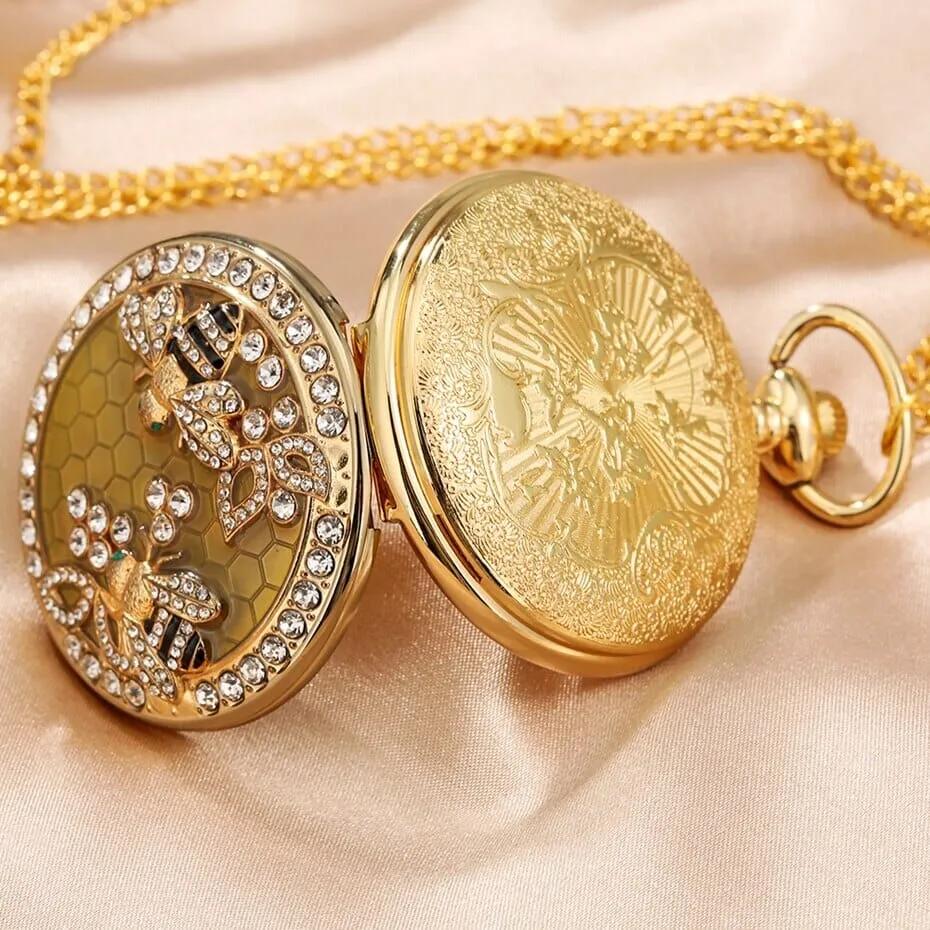 Crystal Diamond Bee Flowers Quartz Pocket Watch Necklace