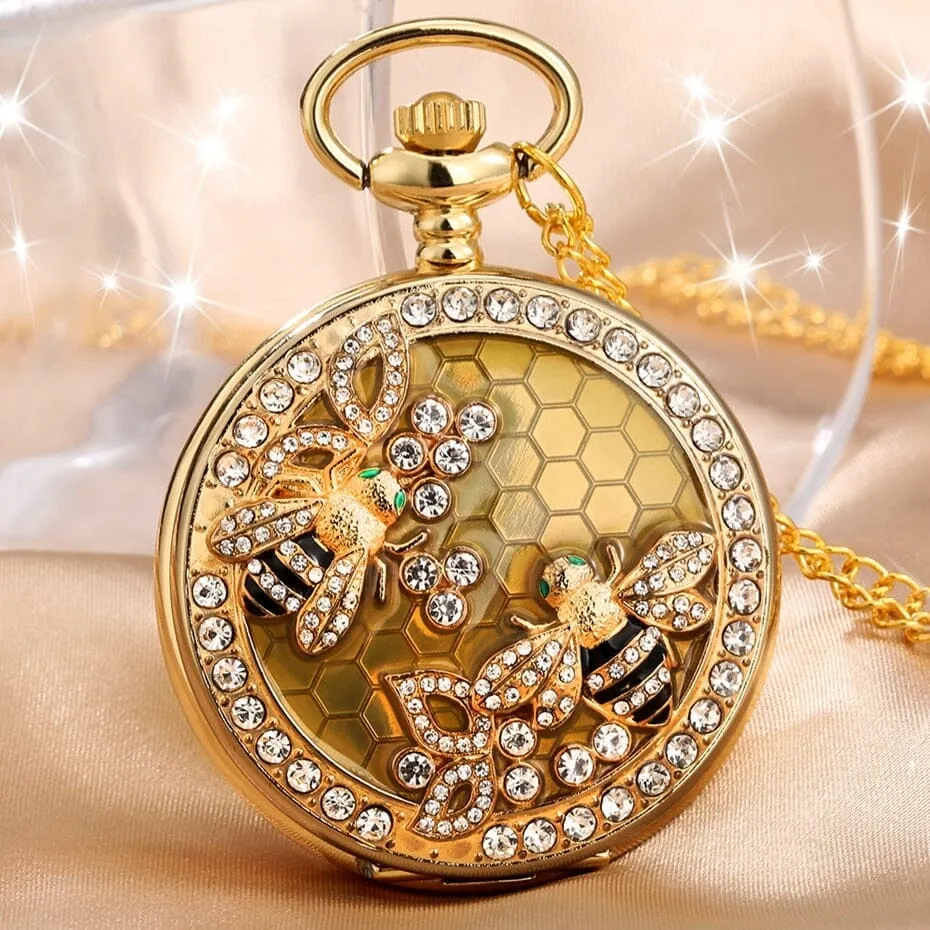 Crystal Diamond Bee Flowers Quartz Pocket Watch Necklace