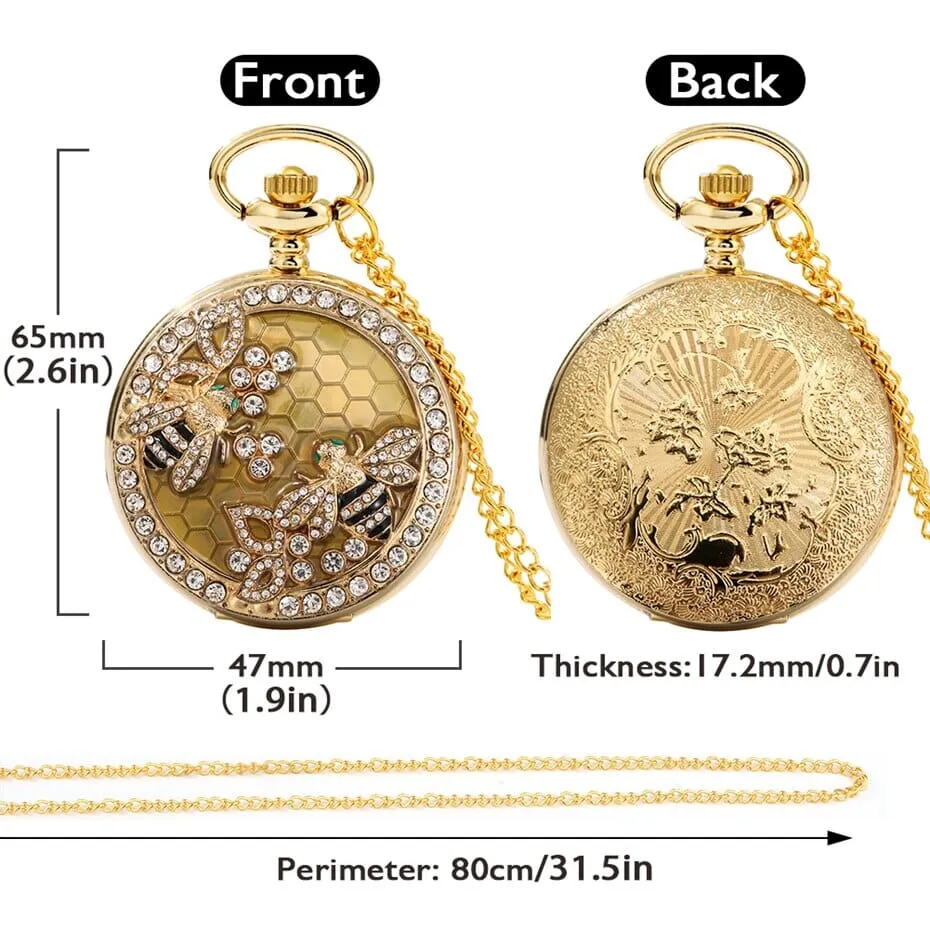 Crystal Diamond Bee Flowers Quartz Pocket Watch Necklace