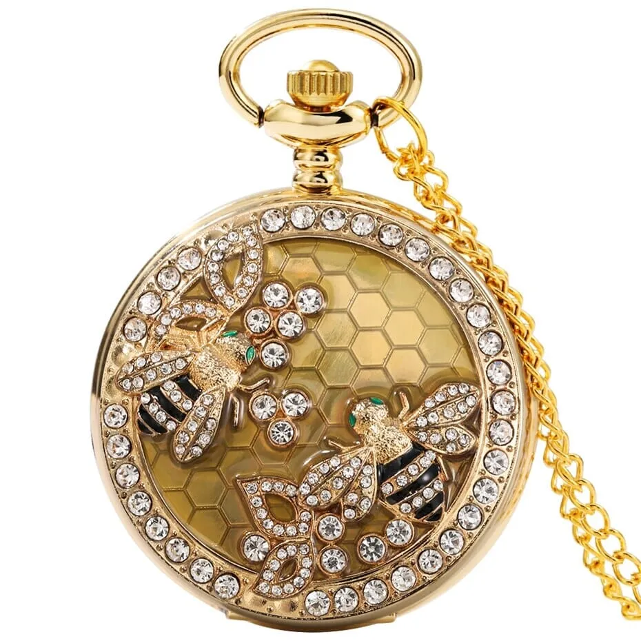 Crystal Diamond Bee Flowers Quartz Pocket Watch Necklace