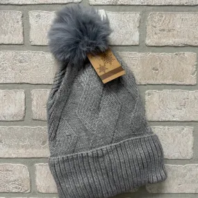 Hat - Zig Zag Stitch Pom Pom - Gray