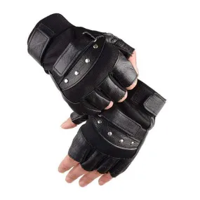 Men's Army Military Tactical Half Finger Leather Fitness Gloves Bike Sport Gloves Gym Exercise Men Black Rivets Punk Gloves G135