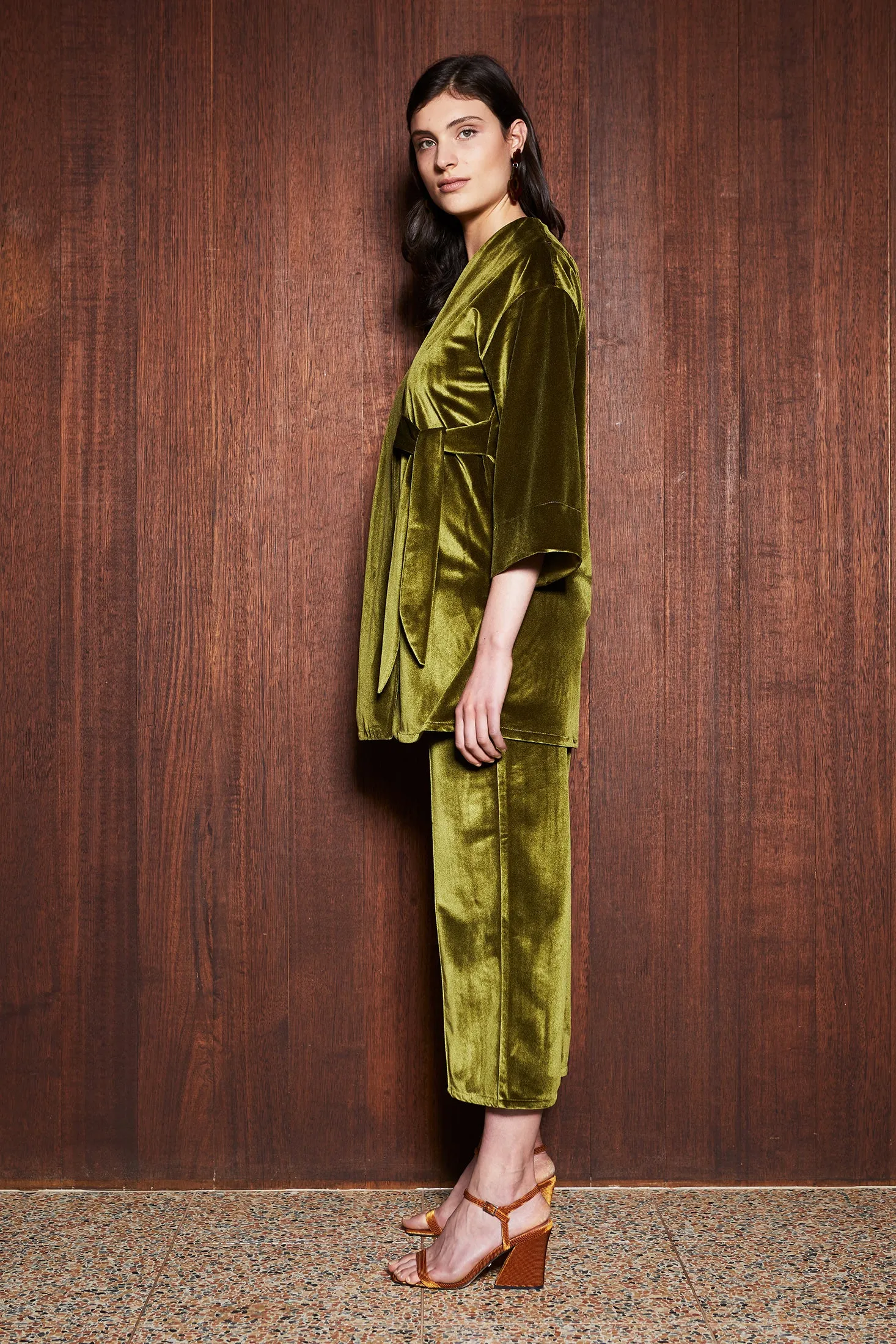 MOSS CULOTTES [ Green Chartreuse Velvet, Wide Leg Pants ]