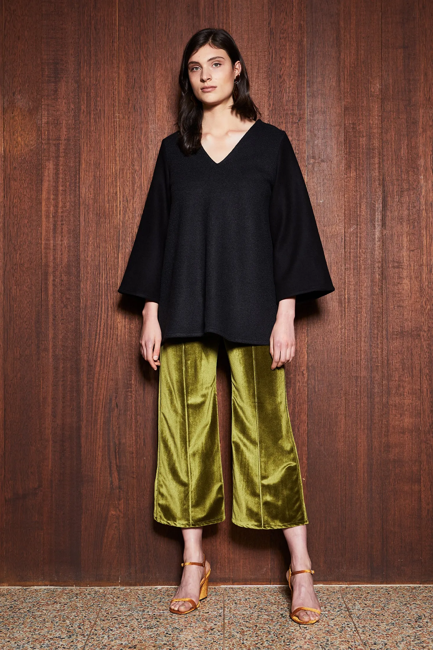 MOSS CULOTTES [ Green Chartreuse Velvet, Wide Leg Pants ]