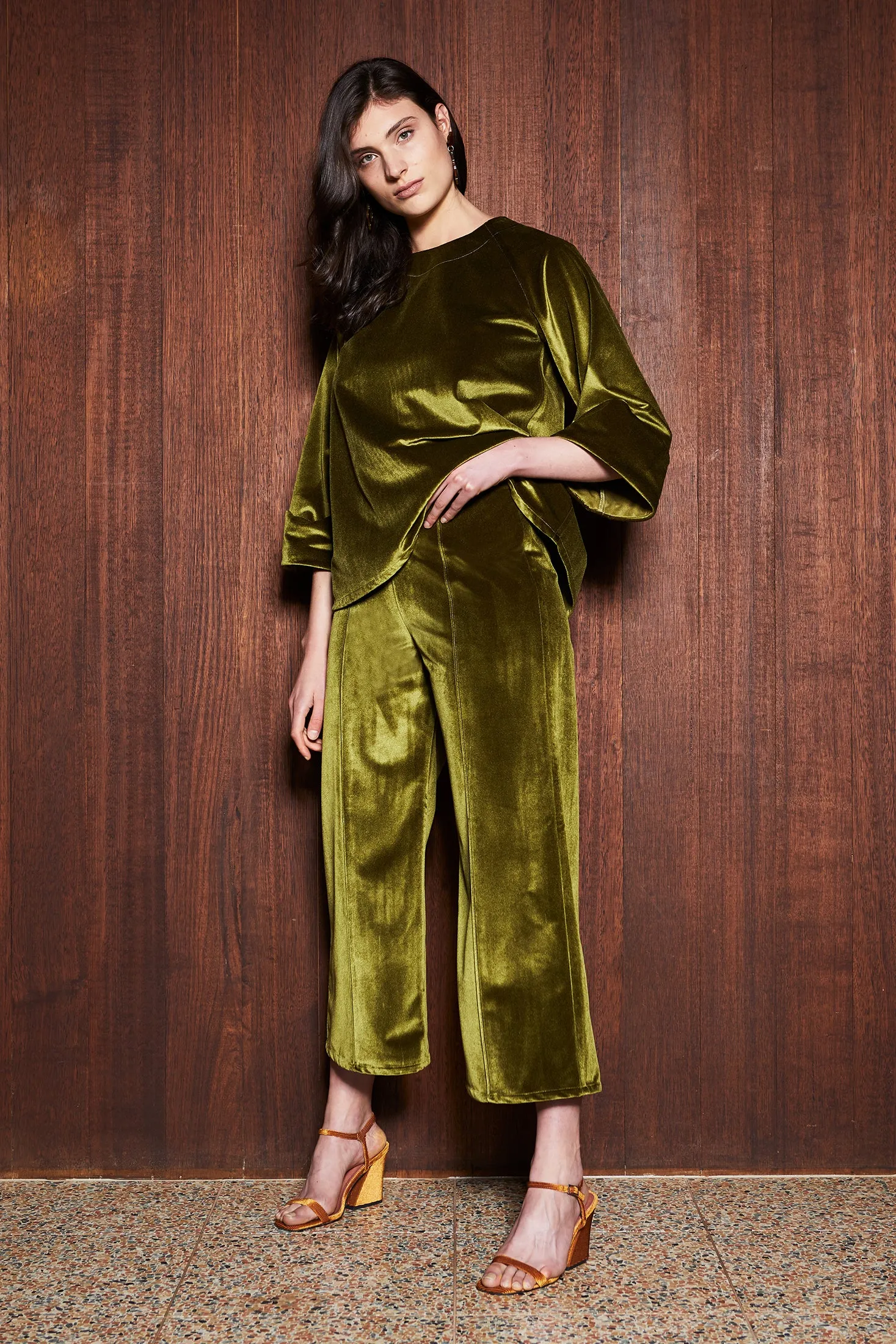 MOSS CULOTTES [ Green Chartreuse Velvet, Wide Leg Pants ]