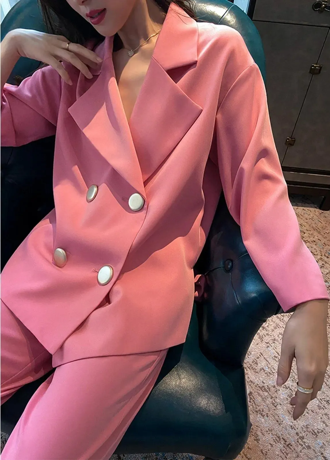 Pink Double Breasted Notch Collar Blazer & Crop Pants