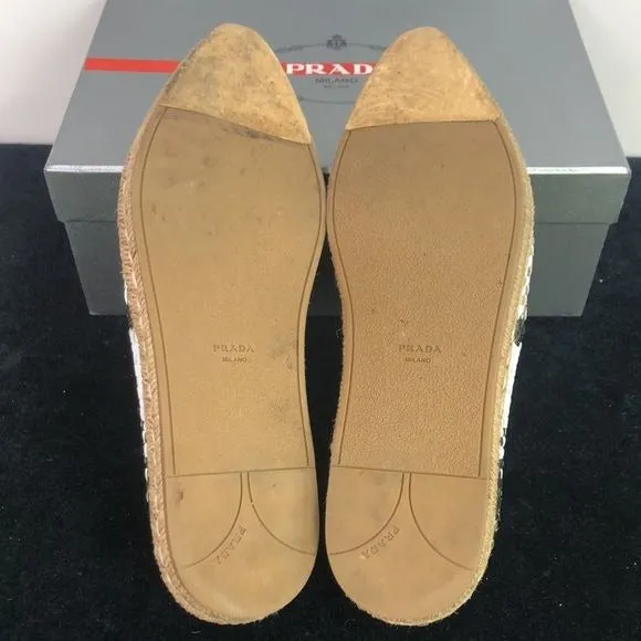 PRADA Black White Gold Woven Slip Ons