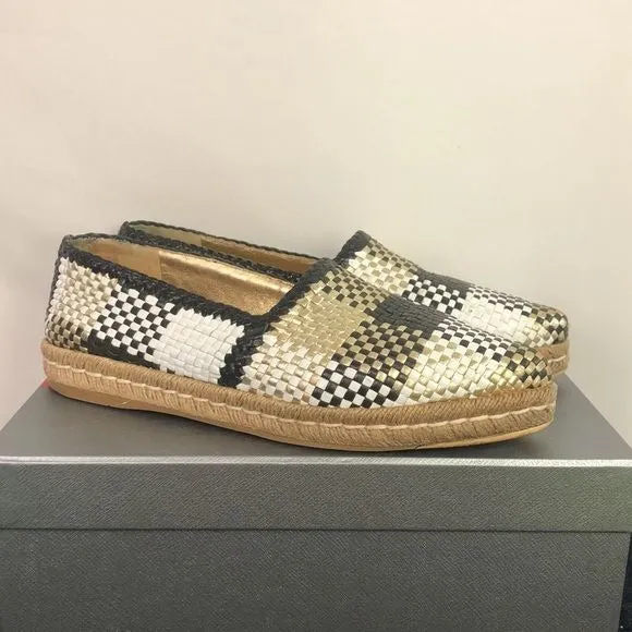 PRADA Black White Gold Woven Slip Ons