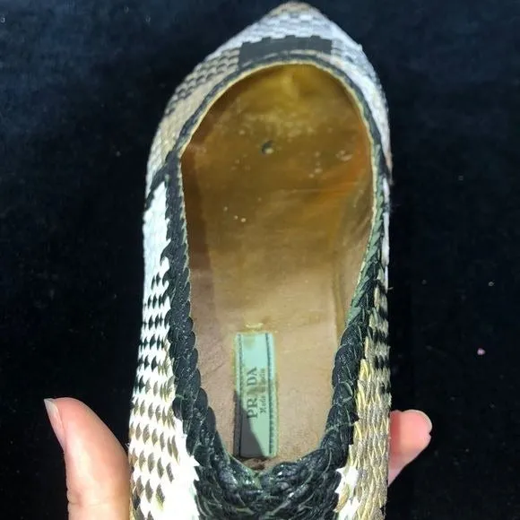 PRADA Black White Gold Woven Slip Ons