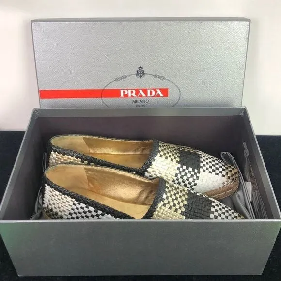 PRADA Black White Gold Woven Slip Ons