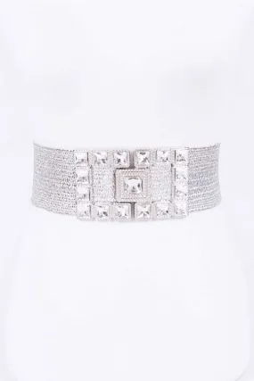 Silver Metallic Elastic Embellished Belt