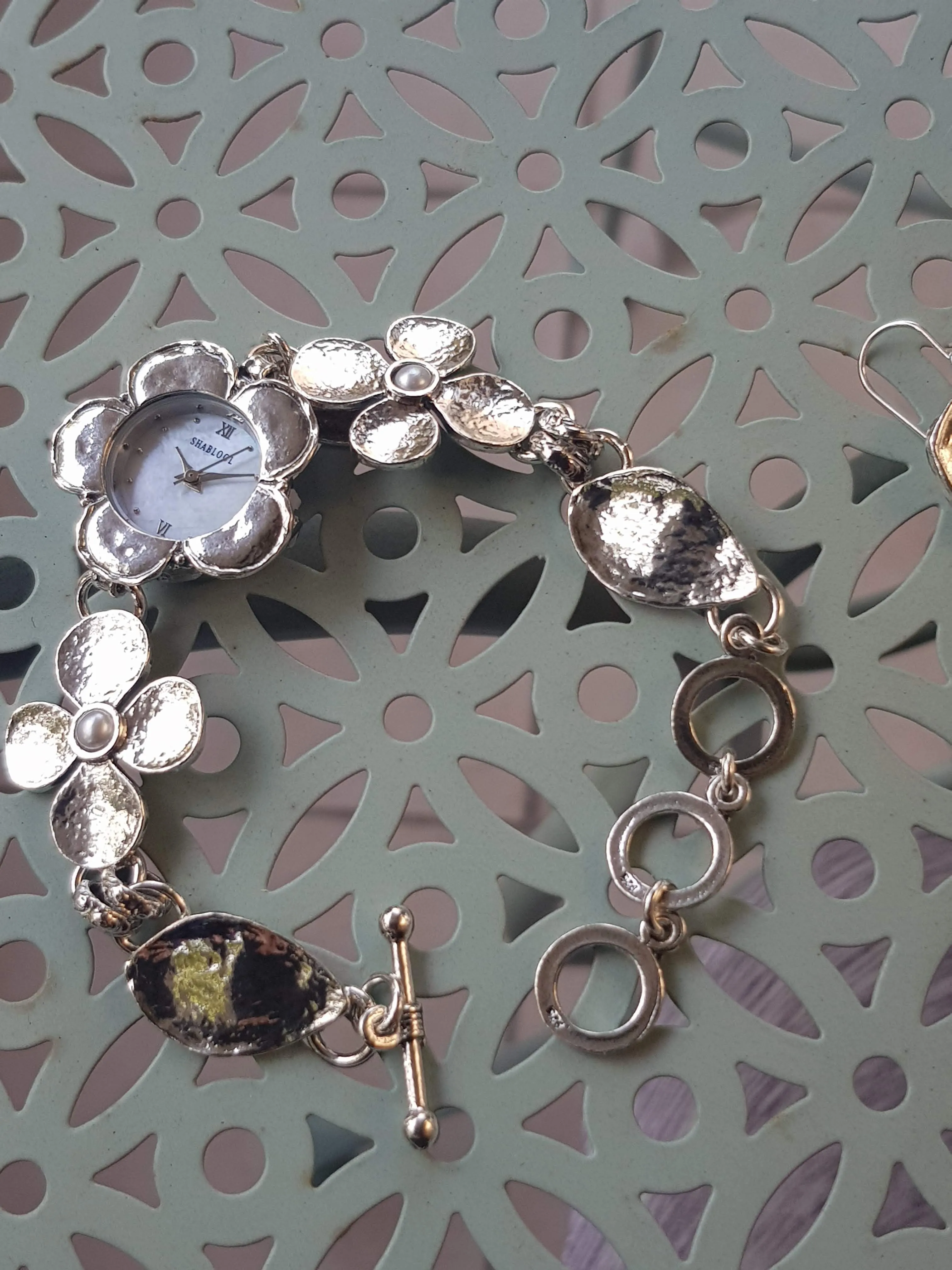 Sterling Silver Watch Bracelet for woman with flowers motives. Set with Pearl  or Blue Opal. Japanese Myota