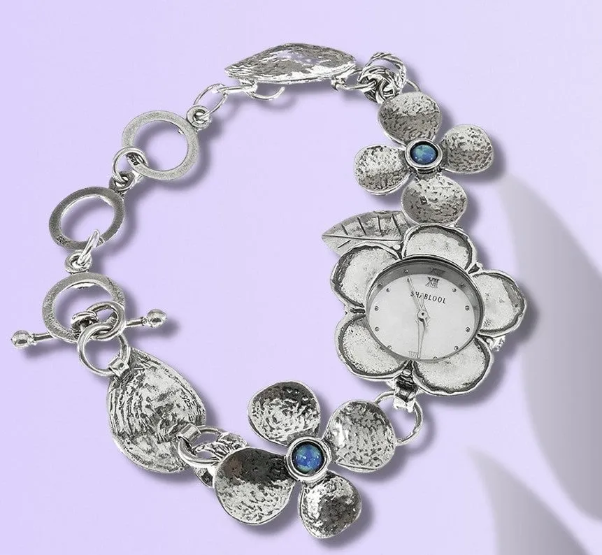 Sterling Silver Watch Bracelet for woman with flowers motives. Set with Pearl  or Blue Opal. Japanese Myota