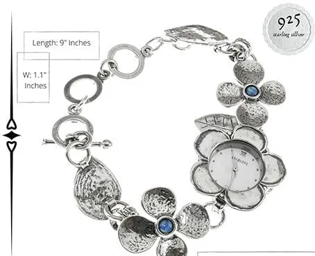 Sterling Silver Watch Bracelet for woman with flowers motives. Set with Pearl  or Blue Opal. Japanese Myota