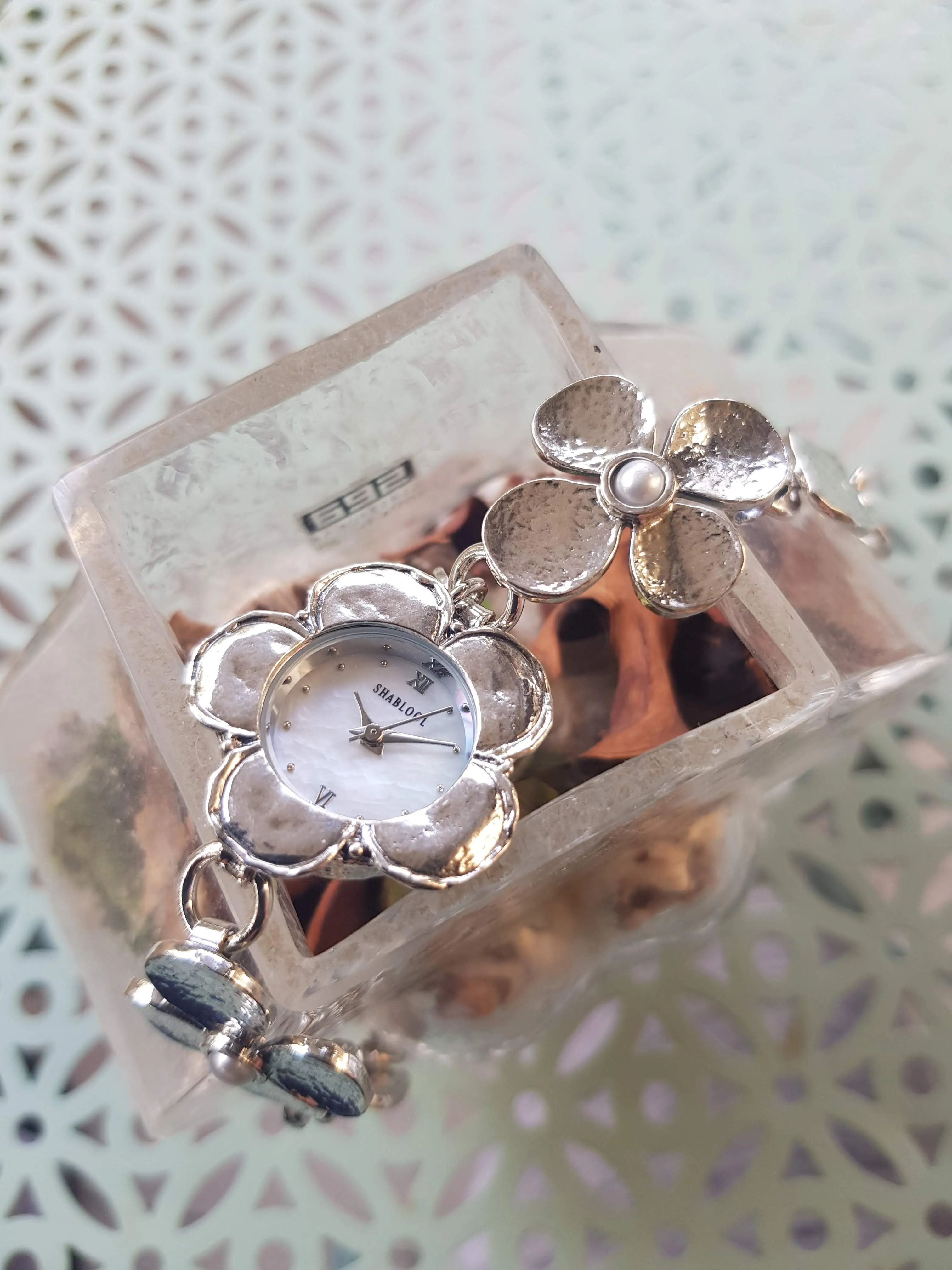 Sterling Silver Watch Bracelet for woman with flowers motives. Set with Pearl  or Blue Opal. Japanese Myota