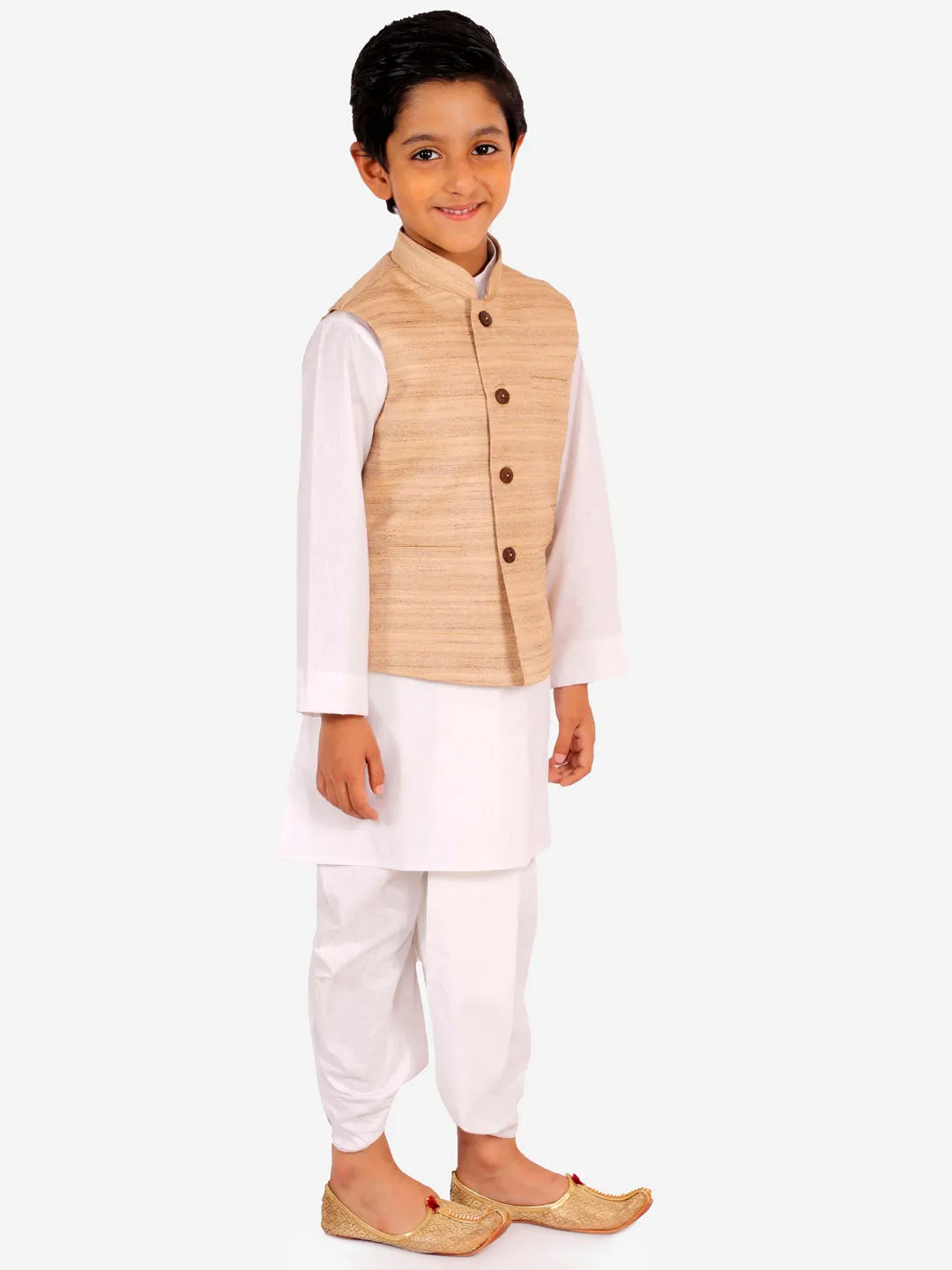 VASTRAMAY Beige Cotton Silk Jacket & White Dhoti Kurta Baap Beta Set