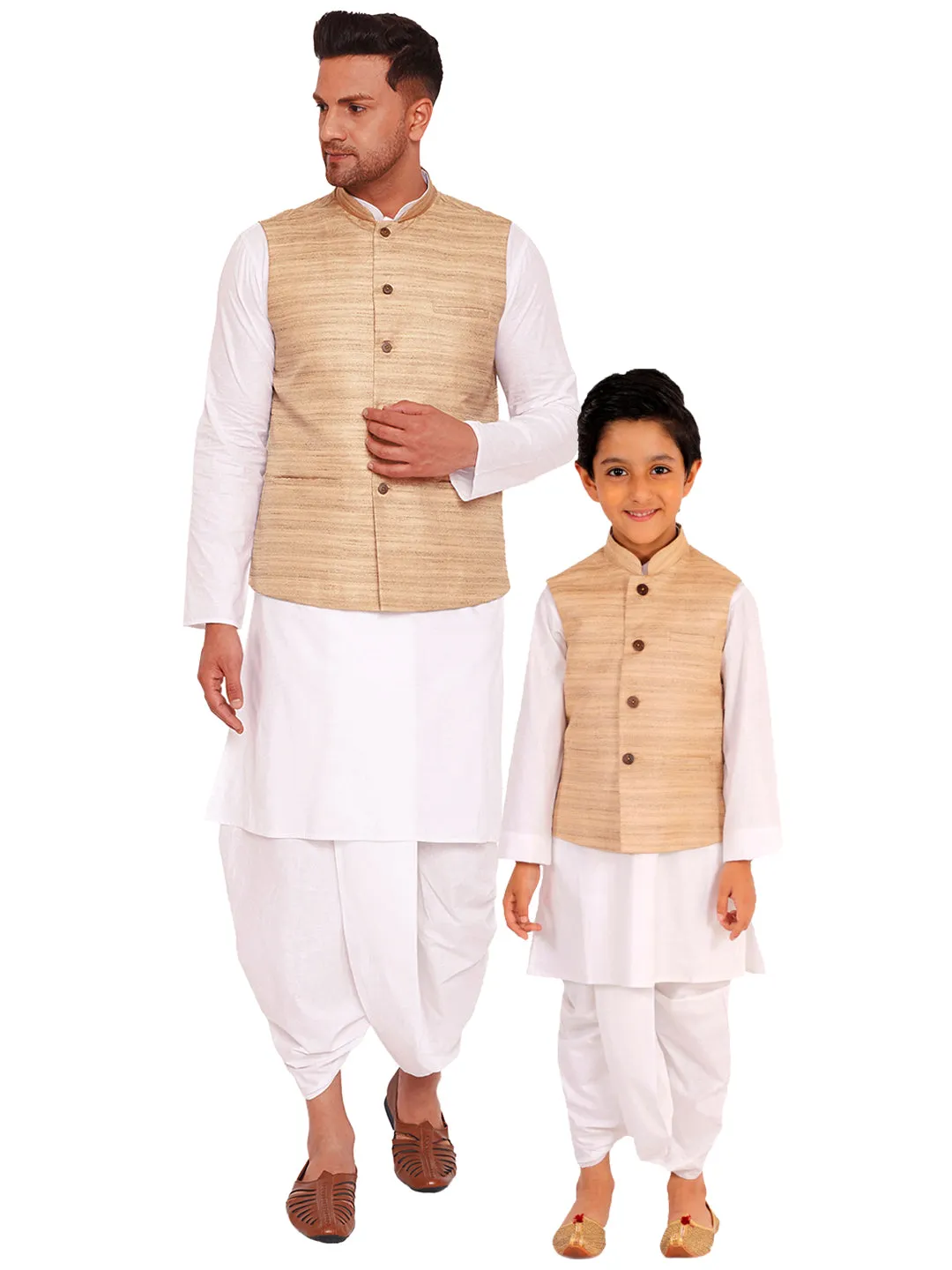 VASTRAMAY Beige Cotton Silk Jacket & White Dhoti Kurta Baap Beta Set