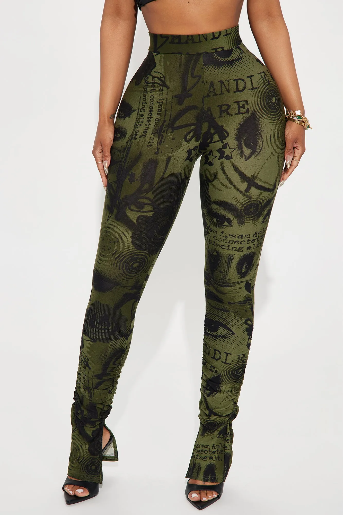 Watch Out Printed Stacked Pant - Olive/combo